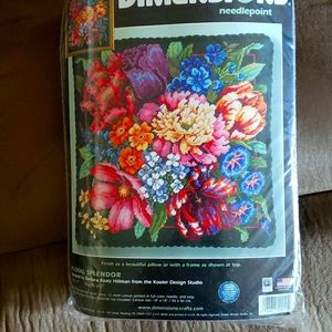 Needlepoint pillow kit. 14x14 inches when finished.  Dimensions is the brand.